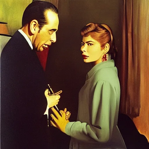 Prompt: Humphrey Bogart and Ingrid Bergman in Casablanca, painting by Vermeer