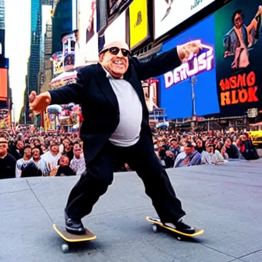 Prompt: photograph of danny devito skateboarding in times square, detailed face