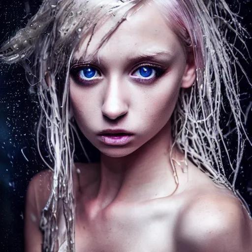 Prompt: A gorgeous blonde, grungy, unkept hair, glowing eyes, modelsociety, wet from rain, radiant skin, huge anime eyes, bright on black, studio lighting, perfect face, intricate, Sony a7R IV, symmetric balance, polarizing filter, Photolab, Lightroom, 4K, Dolby Vision, Photography Award