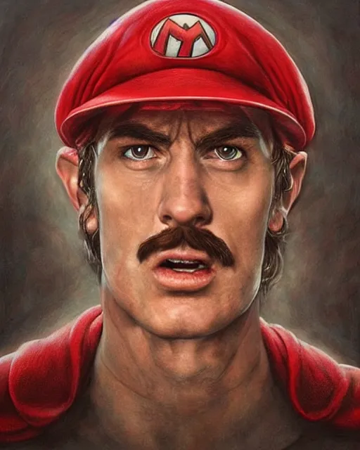 Image similar to portrait of super mario in lord of the rings, red cap, beautiful, very detailed, hyperrealistic, medium shot, very detailed painting by Glenn Fabry, by Joao Ruas