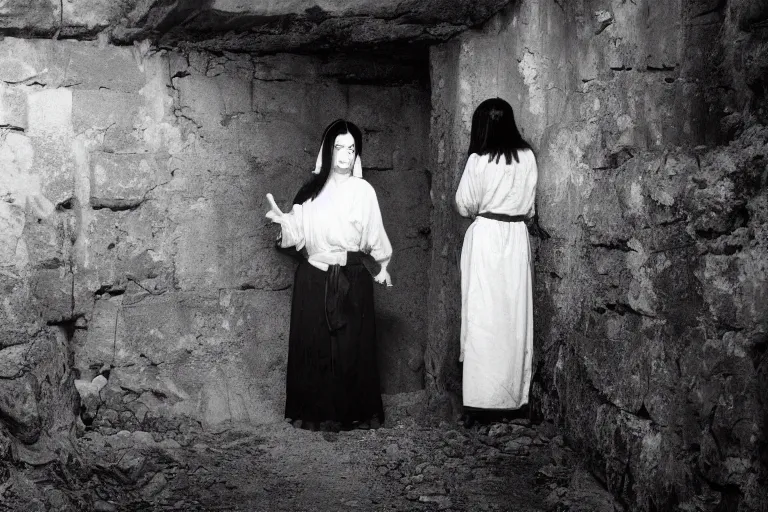 Image similar to vintage photo of a woman with long black hair wearing long white clothes crawling out of a well, eerie, japanese horror, highly detailed shot, dramatic 8 k uhd