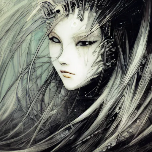 Image similar to yoshitaka amano blurred and dreamy illustration of an anime girl with pirate eye patch, wavy white hair and cracks on her face wearing elden ring armour with the cape fluttering in the wind, abstract black and white patterns on the background, noisy film grain effect, highly detailed, renaissance oil painting, weird portrait angle