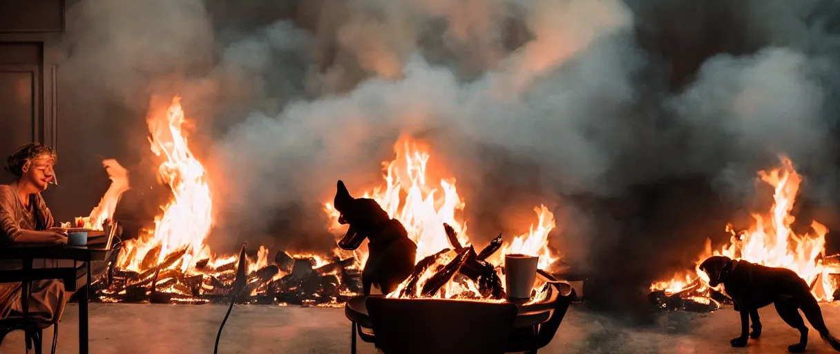 Image similar to a studio photograph (flash on) of a big fire on a dining room on fire, an human-like relaxed dog sitting on a wooden chair at a table (no fire at all there), lights on, ☕ on the table, surrounded by flames, a lot of flames behind the dog, black smoke instead of the ceiling, no watermark