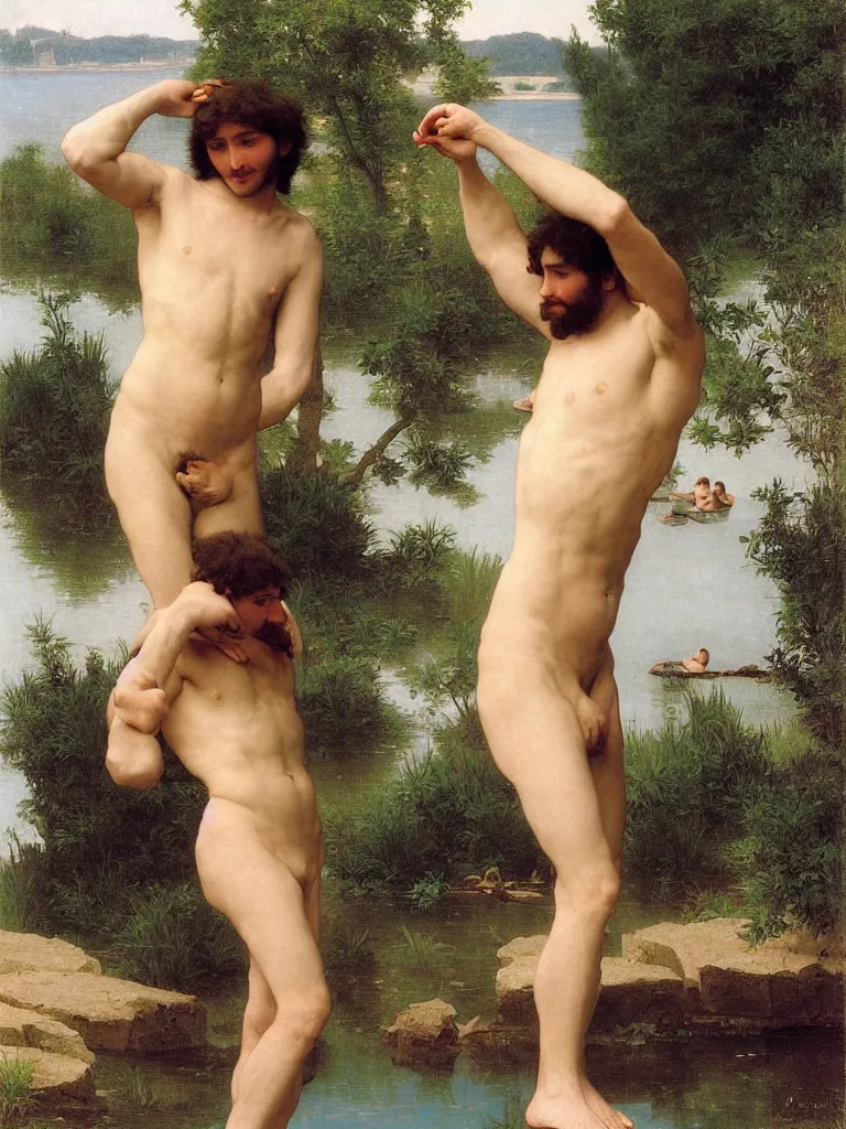 Prompt: perfect young hairy man bathing by the lake, the water is sparkling and shimmering, by bouguereau and by andrey remnev