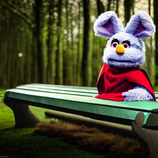 Image similar to an extremely fluffy muppet with rabbit ears and wearing a dark ninja robe with a red belt and practicing her meditation in nature on a park bench, photorealistic, photography, ambient occlusion, rtx, national geographic, sesame street