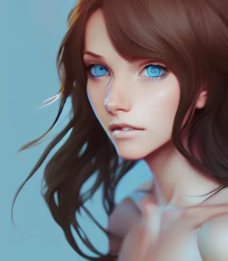 Image similar to drawing of a woman with blue eyes, brown hair and a perfect body, wearing clothes, character design by charlie bowater, ross tran, artgerm, and makoto shinkai, detailed, soft lighting, rendered in octane