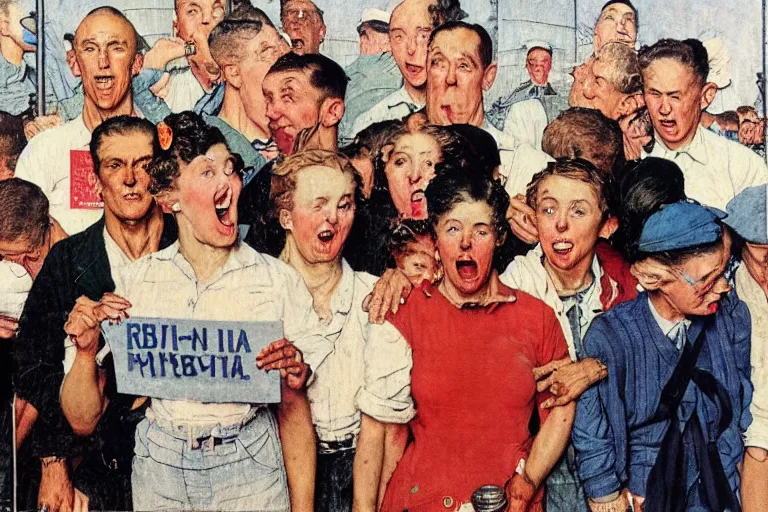 Prompt: a norman rockwell painting of a group of pro - lesbian lgbt activists making a stand in front of a russian super - max prison