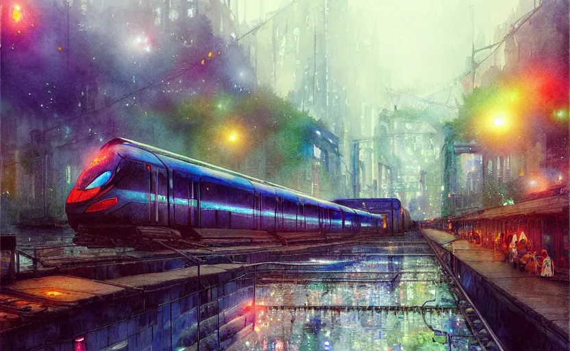 Image similar to an urban train rides inside of a waterway on a fantasy city. intricate, amazing composition, colorful watercolor, by ruan jia, by maxfield parrish, by marc simonetti, by hikari shimoda, by robert hubert, by zhang kechun, illustration, gloomy