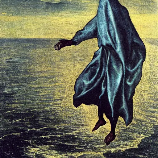 Prompt: The Pope levitating over the sea. El Greco, Remedios Varo, Salvador Dali, Carl Gustav Carus, John Atkinson Grimshaw. Blue tint. Symetrical, logo, geometric shapes.