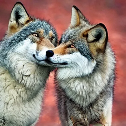 Prompt: wolf and fox kissing