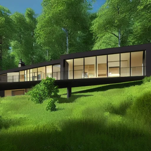 Prompt: a clearing in the forest revealing a private, modern home on a hill, garden, long driveway, unreal engine