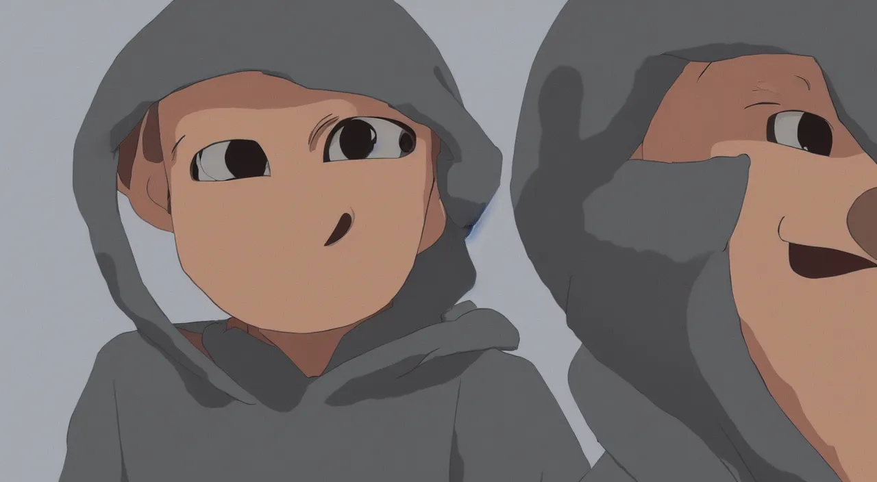 Prompt: (illustration) of A 3-d young hip ape kid wearing a hoodie, by Studio Ghibli, 8k, soft lighting, cartoon look, face enhance, sharp focus, concept art, smooth