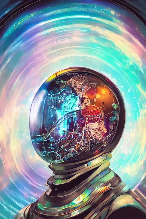 Prompt: a biomechanical head inside a futuristic space helmet, vintage transistors, white plastic, iridescent visor, nebulous gas background, vibrant, emotional, art by Petros Afshar