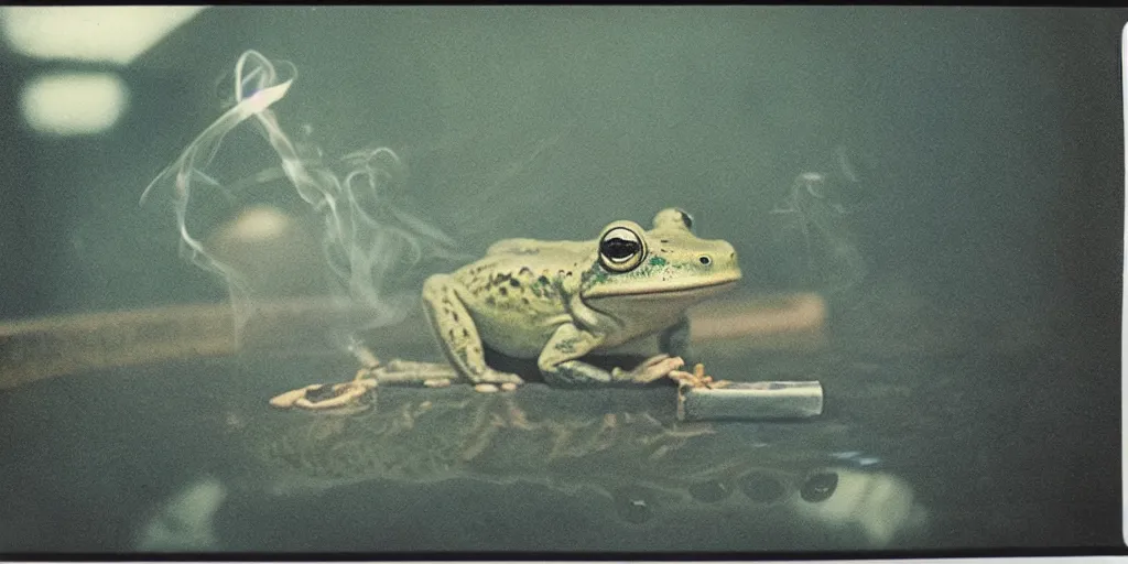 Prompt: detailed medium format photo, polaroid still from tarkovsky movie, frog while smoking a cigarette, haze, high production value, intricate details, 8 k resolution, hyperrealistic, hdr, photorealistic, high definition, tehnicolor, award - winning photography, masterpiece, amazing colors