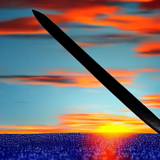 Image similar to a floating sword in front of a sunrise, extremely realistic and beautiful