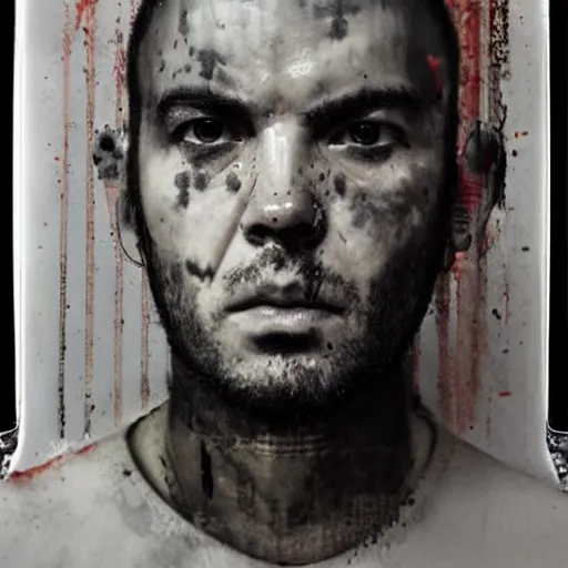 Image similar to grainy mugshot photo of an ugly criminal, (((high tech, cyberpunk))), by cy Twombly and BASTIEN LECOUFFE DEHARME