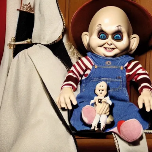 Prompt: a nun in church holding chucky the killer doll on her lap