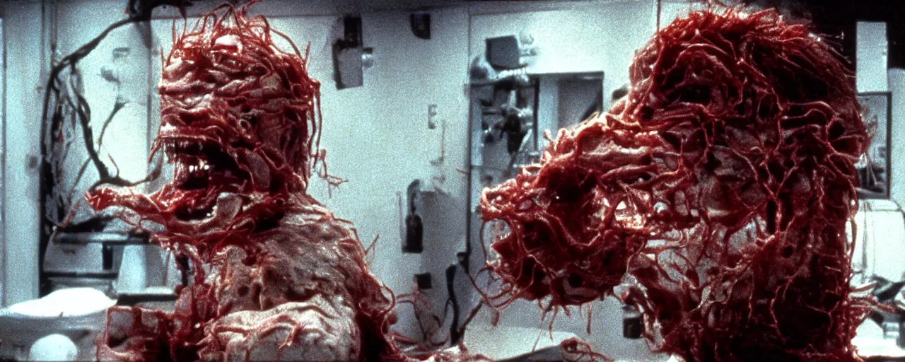 Image similar to filmic extreme wide shot movie still 4k UHD interior 35mm film color photograph of a a detached snarling distorted deformed human head protruding out of a mutated abstract shape shifting organism made of human internal organs, in the style of a horror film The Thing 1982