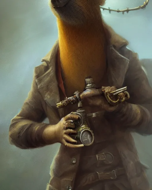 Image similar to oil painting of anthropomorphized capybara holding a pipe, steampunk clothes, close shot, full body, dark steampunk mine shaft background, sharp focus, fantasy style, octane render, volumetric lighting, 8k high definition, by greg rutkowski, highly detailed, trending on art Station, dungeons and dragons artwork, centered