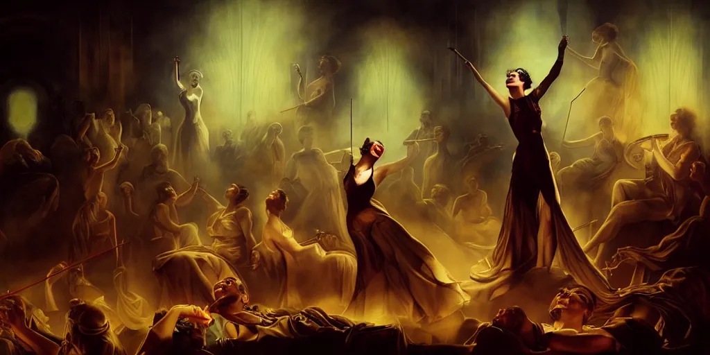Image similar to a conductor conducting an orchestra, by Rolf Armstrong and Evelyn De Morgan and Bastien Lecouffe-Deharme, dramatic lighting, high contrast colors, baroque, empyrean, panoramic view, as trending on Artstation, highly detailed, doom engine,