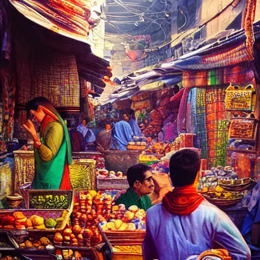 Image similar to bazaar in delhi. art by salman toor. faithfully depicted facial expression, perfect anatomy, sharp focus, global illumination, radiant light, detailed and intricate environment, trending on artstation