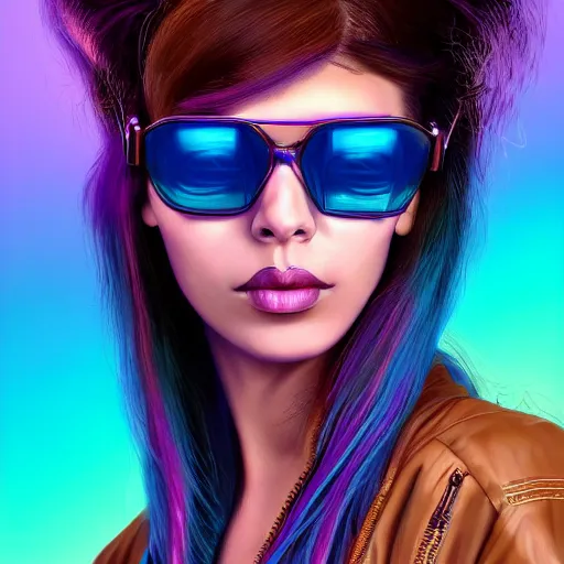 Image similar to closeup painting of a very beautiful young mexican cyberpunk woman with a smirk, wearing light blue shutter shades and a purple coloured leather jacket, one side haircut, long brown hair with light blue ends, portrait, hyperdetailed, artstation, cgsociety, 8 k, synthwave by tangerine dream, by jean - michel jarre, by vangelis, by john carpenter