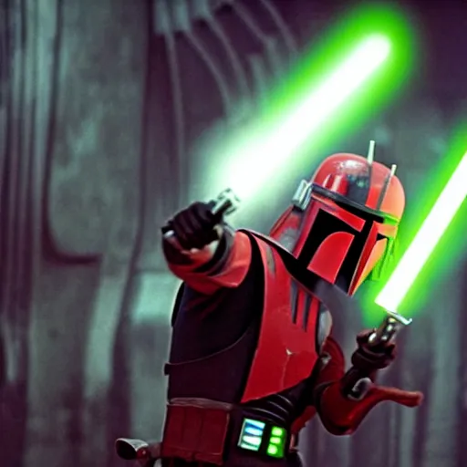 Image similar to darth maul throwing his lightsaber at Boba fett