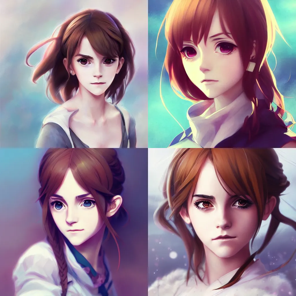 Prompt: anime portrait of emma watson as an anime girl by Stanley Artgerm Lau, WLOP, Rossdraws, James Jean, Marc Simonetti, and Sakimichan, trending on artstation