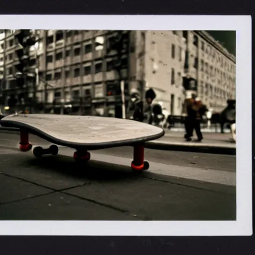 Image similar to wide-shot very low-angle eyesight photo of a skateboard at the street in New York, polaroid photo, by Andy Warhol, signed