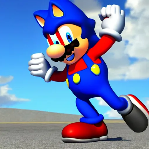 Image similar to a 3 d render of mario wearing a sonic suit