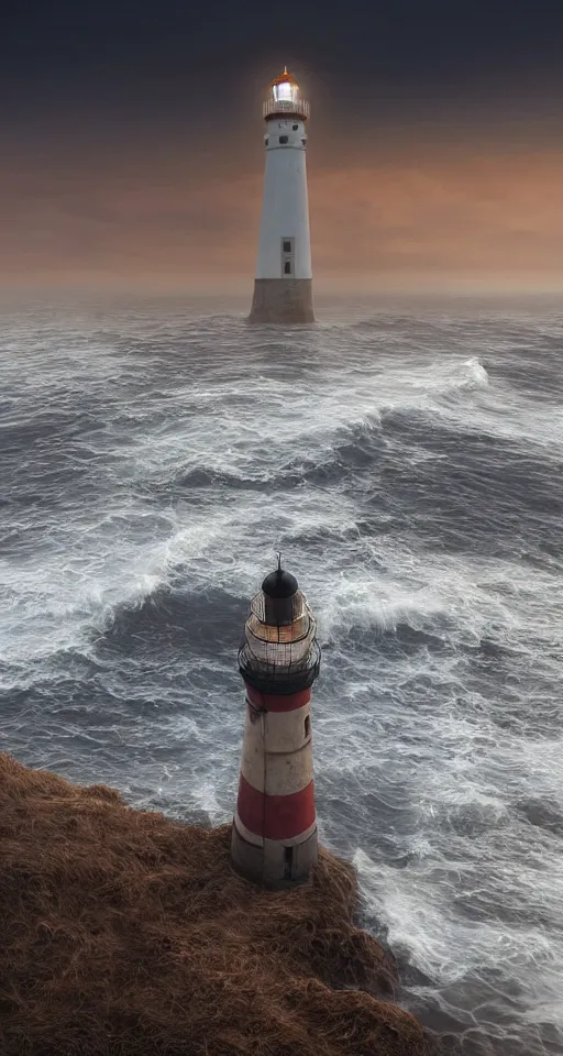 Image similar to wide - shot of lighthouse on the sand seashore, waves, misty background, from the game pathologic 2, highly detailed, sharp focus, matte painting, by isaac levitan and asher brown durand,