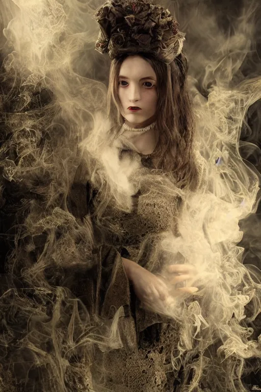 Prompt: 3 5 mm colour, italian looking emma, evil princess, victorian house, long brown hair, hyperrealism, octane render, weird, odd, strange, creepy, extremely detailed, intricate smoke magic, lace, silk, style of david cronenberg, hyung tae, frank frazetta
