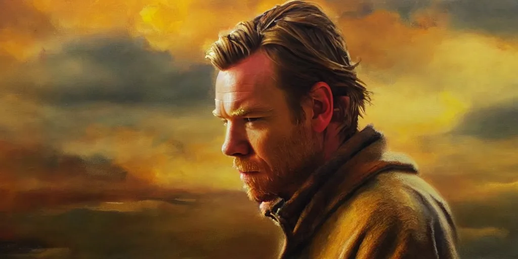 Prompt: we see ewan mcgregor from side. atmospheric feeling, warm colours, brown colours, yellow colours, epic scene, cinematic, very detailed, oil painting