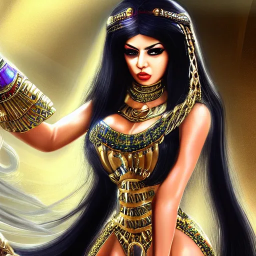 Prompt: portait egyptian princess haifa wehbe as cleopatra, centred, very long hair, charmed sexy look, hd, unreal engine, art painting, final fantasy style, amazing background theme