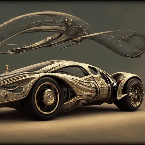 Image similar to cyborg vintage supercar slick : by michal karcz, daniel merriam, victo ngai and guillermo del toro : ornate, dynamic, particulate, intricate, elegant, highly detailed, centered, artstation, smooth, sharp focus, octane render