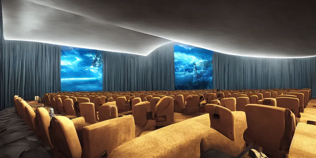 Image similar to view inside from a bioscope cinema hall, unreal 5, hyperrealistic, realistic, photorealistic, dynamic lighting, highly detailed, cinematic landscape, studio landscape, studio lighting