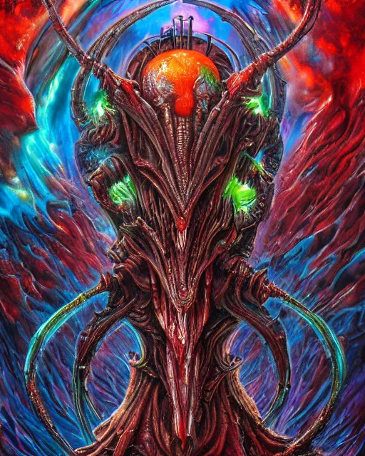 Image similar to charred bloody fleshmetal cyborg daemonhost psychedelic rainbow flamer of tzeentch, by antonio j. manzanedo, giger, alex grey, android jones, wayne barlowe, philippe druillet, raymond swanland, cyril rolando, josephine wall, harumi hironaka, cronenburg, trending on artstation