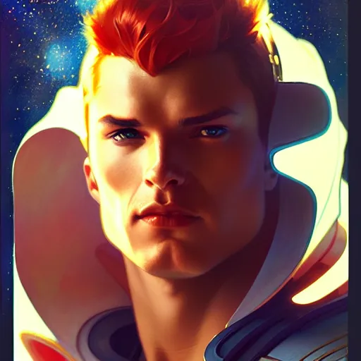 Image similar to a space powered male dressed as a superhero. space background, dynamic lighting, clean elegant painting, beautiful detailed face. by artgerm and greg rutkowski and alphonse mucha, 4 k