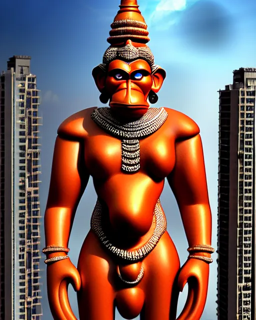 Image similar to high quality 3 d neo futurist biomorphic hanuman! head building in mumbai!! centre, highly detailed, cinematic smooth, berenice abbott & john j. park, dramatic warm morning light, wide shot, high angle, uhd 8 k, sharp focus