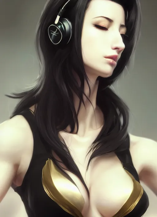 Prompt: tifa lockhart portrait, pale black and gold silk robe and decollete bra, wearing headphones, listening to music, art by artgerm, wlop, loish, ilya kuvshinov, 8 k realistic, hyperdetailed, beautiful lighting, detailed background, depth of field, symmetrical face, frostbite 3 engine, cryengine,