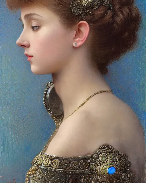 Image similar to a girl who resembles a 16-year old Audrey Hepburn and Scarlett Johansson, dressed in ornate, detailed, intricate iridescent opal armor, detailed oil painting by William Adolphe Bouguereau and Donato Giancola