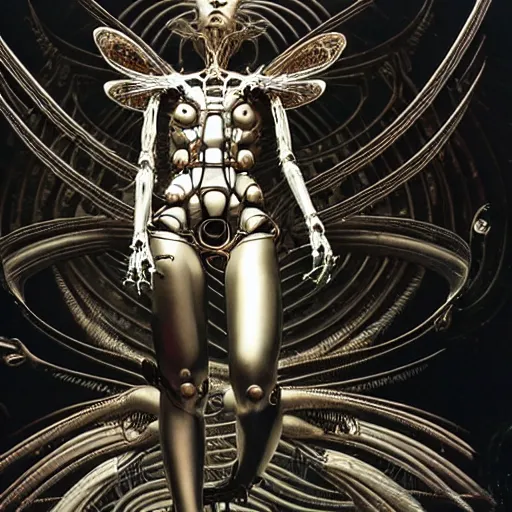 Image similar to still frame from Prometheus movie by Makoto Aida, flying biomechanical angel gynoid by giger, mimicking devil's flower mantis, metal couture by Guo pei, editorial by Malczewski and by Caravaggio