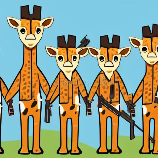 Image similar to giraffe army, holding guns and ammo, illustration, cartoon