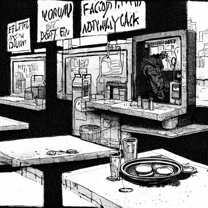 Image similar to close - up on poor quality food, water, and gruel : on a table. background : empty minimalist interior of a dirty automated kiosk, black tiles on walls. black and white, pencil and ink. by gabriel hardman, joe alves, chris bonura. cinematic atmosphere, detailed and intricate, perfect anatomy