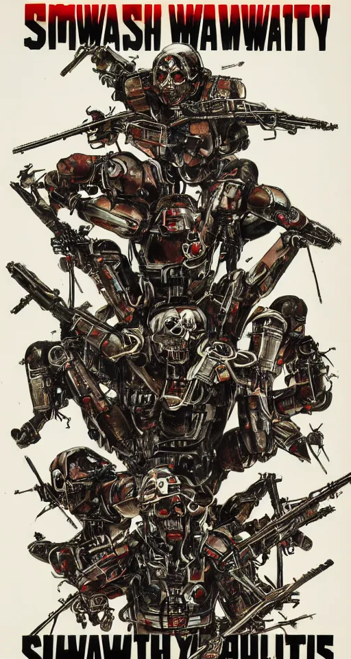 Image similar to Movie Poster For Schwartzlicht,about Chinese Russian Zombie Troopers Designed By Yasushi Nirasawa battle Japanese America Cyborgs Designed by Syd Mead and Giger, 1970s style, very detailed, text says: Schwarzlicht