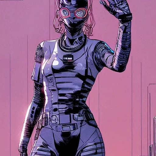 Image similar to Selina. Apex legends cyberpunk spy in stealthsuit. Concept art by James Gurney and Mœbius.