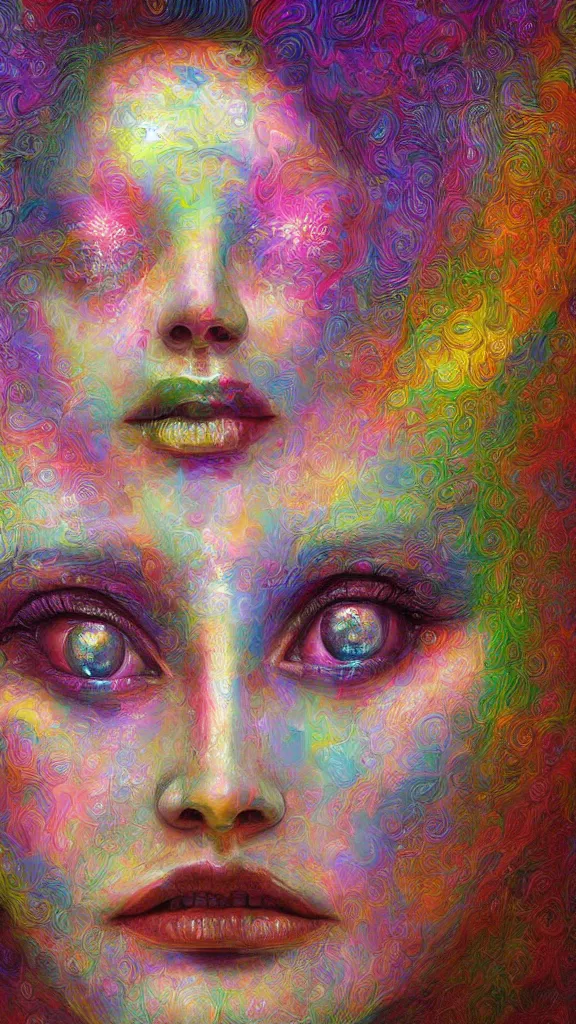 Prompt: hyperrealistic abstract close-up female! portrait Renaissance psychedelic!! celestial happy! pure creature!! peaceful! kind spirit of nature! beautiful fractal!! eyes! highly detailed concept art eric zener elson peter cinematic hard rainbow lighting high angle hd 8k sharp shallow depth of field endless, inspired by Zdzisław Beksiński Salvador Dali