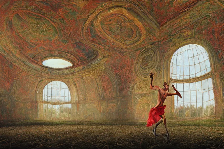 Image similar to a highly detailed beautiful painting of a domed abandoned ballroom, rot decay and vines, in center an elegant male dancer on flamingo legs, by salvador dali and zdzisław beksinski, artstation, dramatic lighting