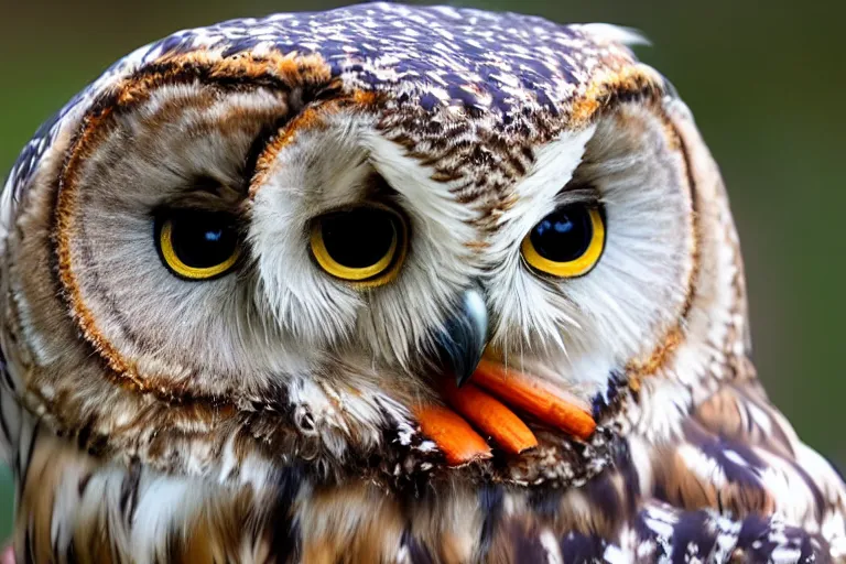 Prompt: scenic photo of an owl eating a carrot. focus on the owl's beak and eye. intricate eye. extremely large wings. extreme detail, hyperrealistic photo
