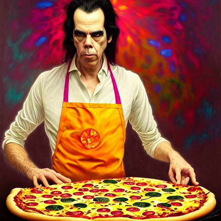 Prompt: bright psychedelic portrait of nick cave baking a pizza, diffuse lighting, fantasy, intricate, elegant, highly detailed, lifelike, photorealistic, digital painting, artstation, illustration, concept art, smooth, sharp focus, art by John Collier and Albert Aublet and Krenz Cushart and Artem Demura and Alphonse Mucha